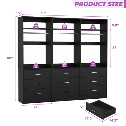 Freestanding Closet System Set - 3-Pack with 3 Wood Drawers Each,With Hanging Rod & Shelves, 24"L x 15"W x 80"H