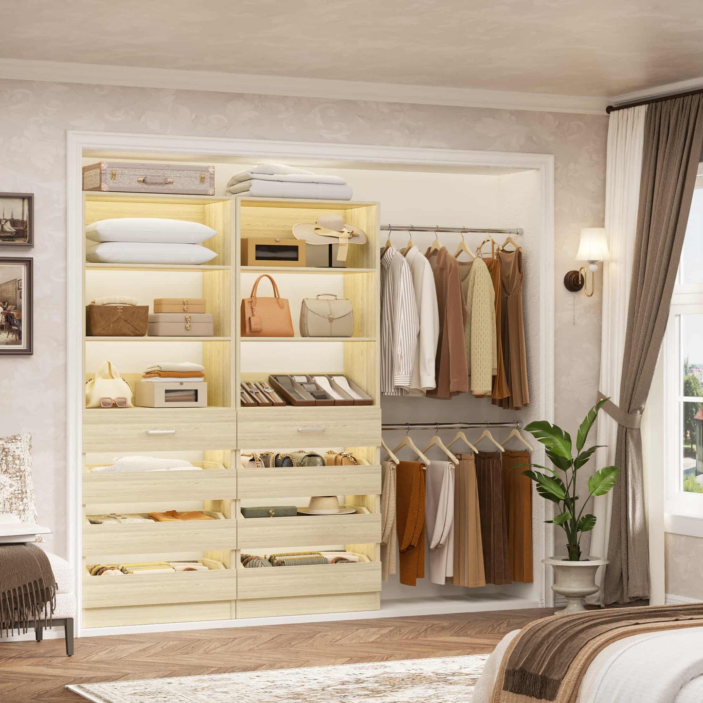 2-Pack Closet Organizer System: Dual 4-9Ft Adjustable Wardrobe Racks with 8 Wooden Drawers, Double Tower Storage, 8 Hanging Rods & Garment Racks ﻿