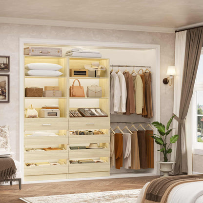 2-Pack Closet Organizer System: Dual 4-9Ft Adjustable Wardrobe Racks with 8 Wooden Drawers, Double Tower Storage, 8 Hanging Rods & Garment Racks ﻿