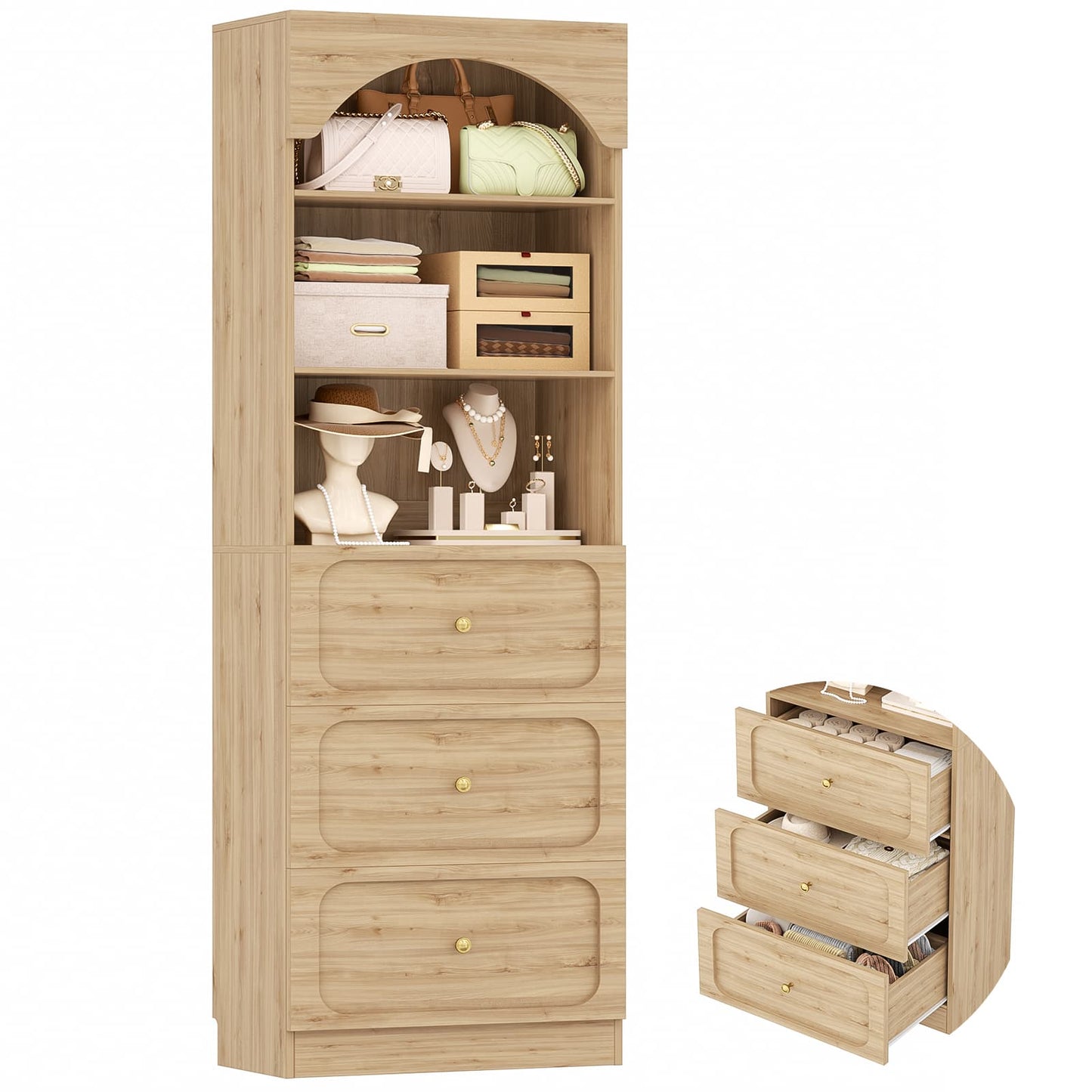 80" Tall Arched Bookcase with 3 Drawers & 3 Open Shelves - Wooden Storage Cabinet for Living Room, Kitchen