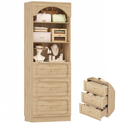 80" Tall Arched Bookcase with 3 Drawers & 3 Open Shelves - Wooden Storage Cabinet for Living Room, Kitchen