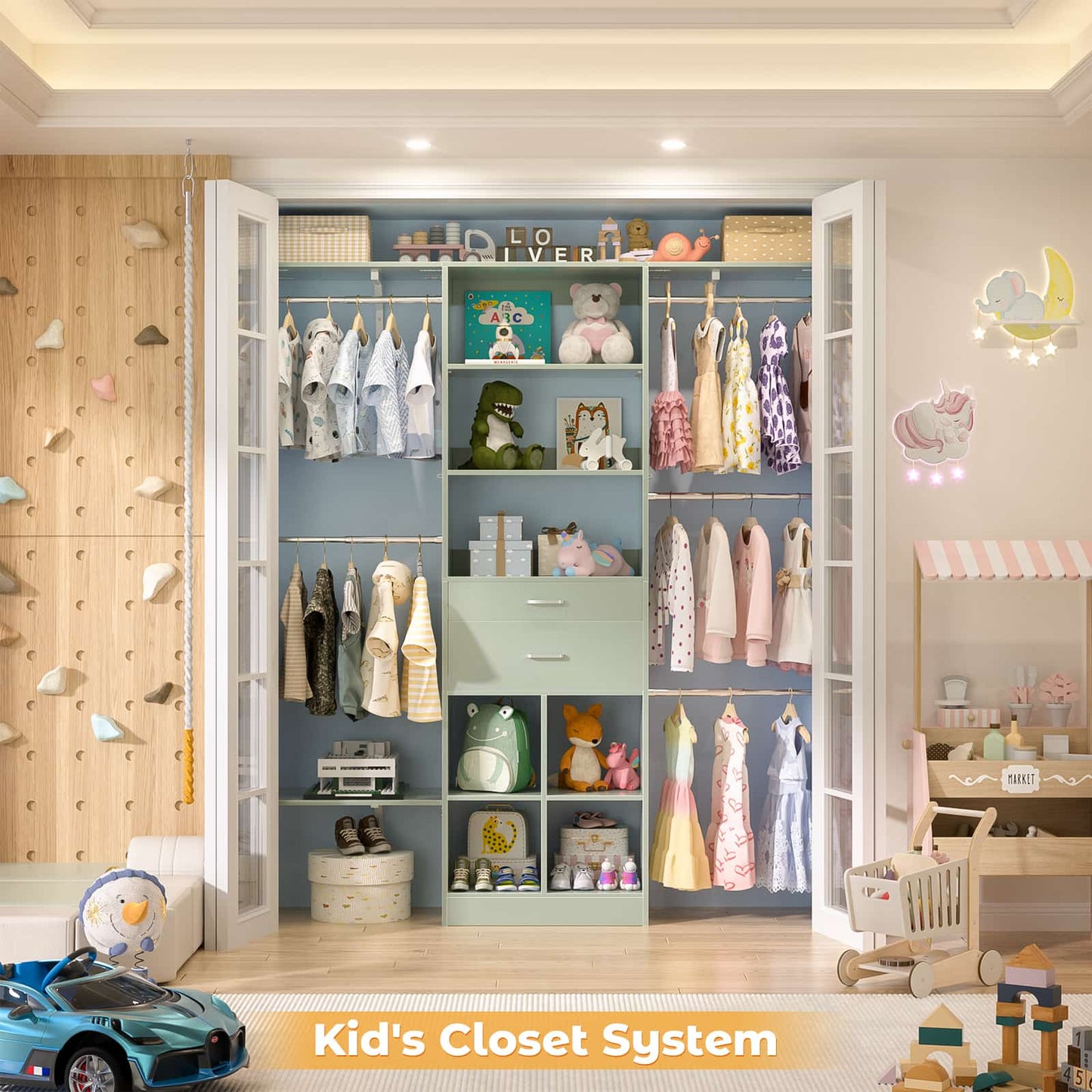 5FT Small Closet System, Baby Closet Organizer System with Wooden Drawers