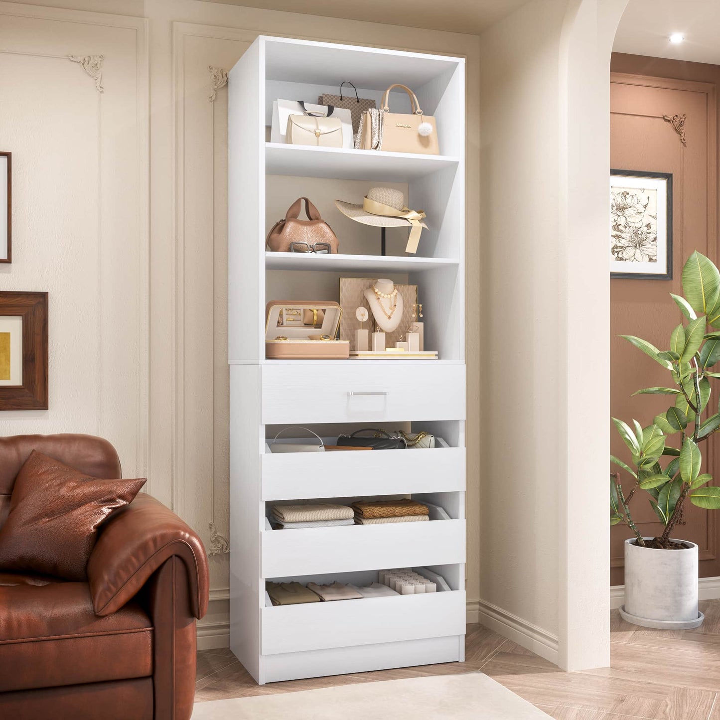Space-Saving Modular Closet Organizer System with 4 Drawers & Adjustable Shelves - Wood Storage Cabinet