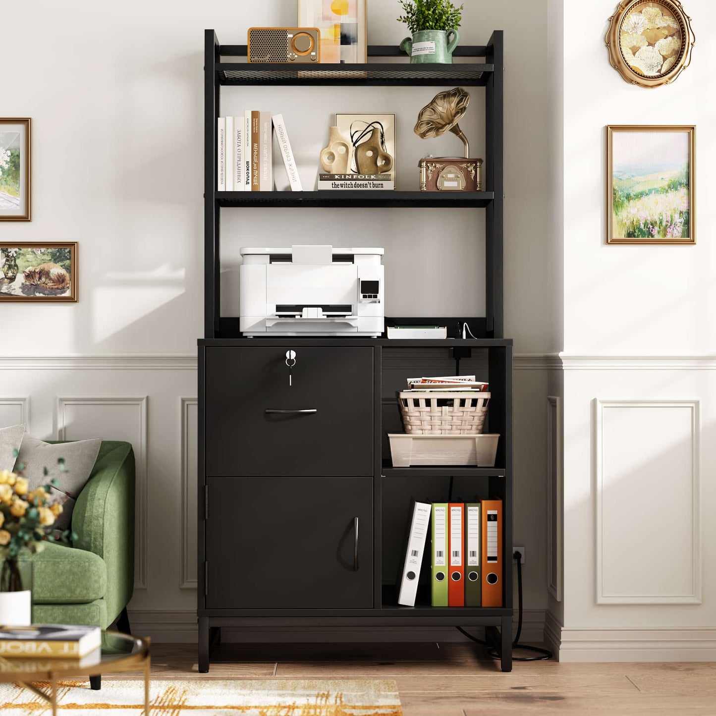 Vertical Filing Cabinet with Lock & Charging Station, Large Drawer Wood File Cabinet with Bookshelf, Printer Stand with Open Storage Shelf