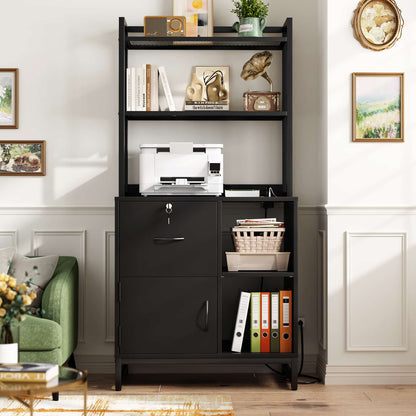 Vertical Filing Cabinet with Lock & Charging Station, Large Drawer Wood File Cabinet with Bookshelf, Printer Stand with Open Storage Shelf