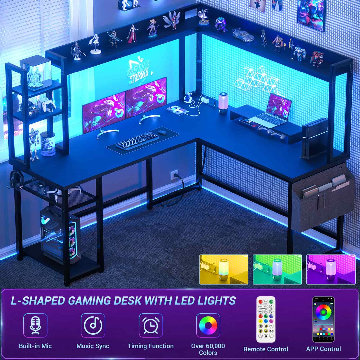 L Shaped Desk with Power Outlet and LED lights