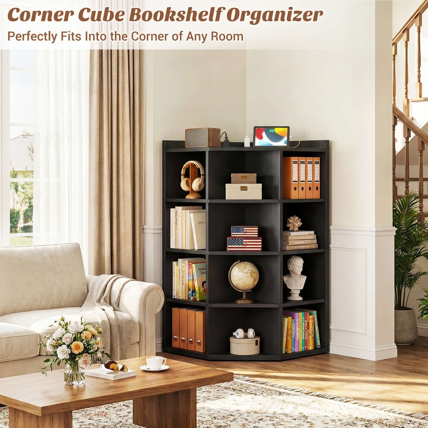 5-Tier Corner Cabinet with Power Outlets & 12 Storage Cubes - Wooden L-Shaped Bookshelf, Toy Organizer