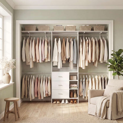 8FT Walk-in Armoire Closet Organizer with 3 Wooden Drawers & Hanging Rods, Adjustable Garment Rack for 5.3-9 ft Spaces,Wardrobe Storage Shelf