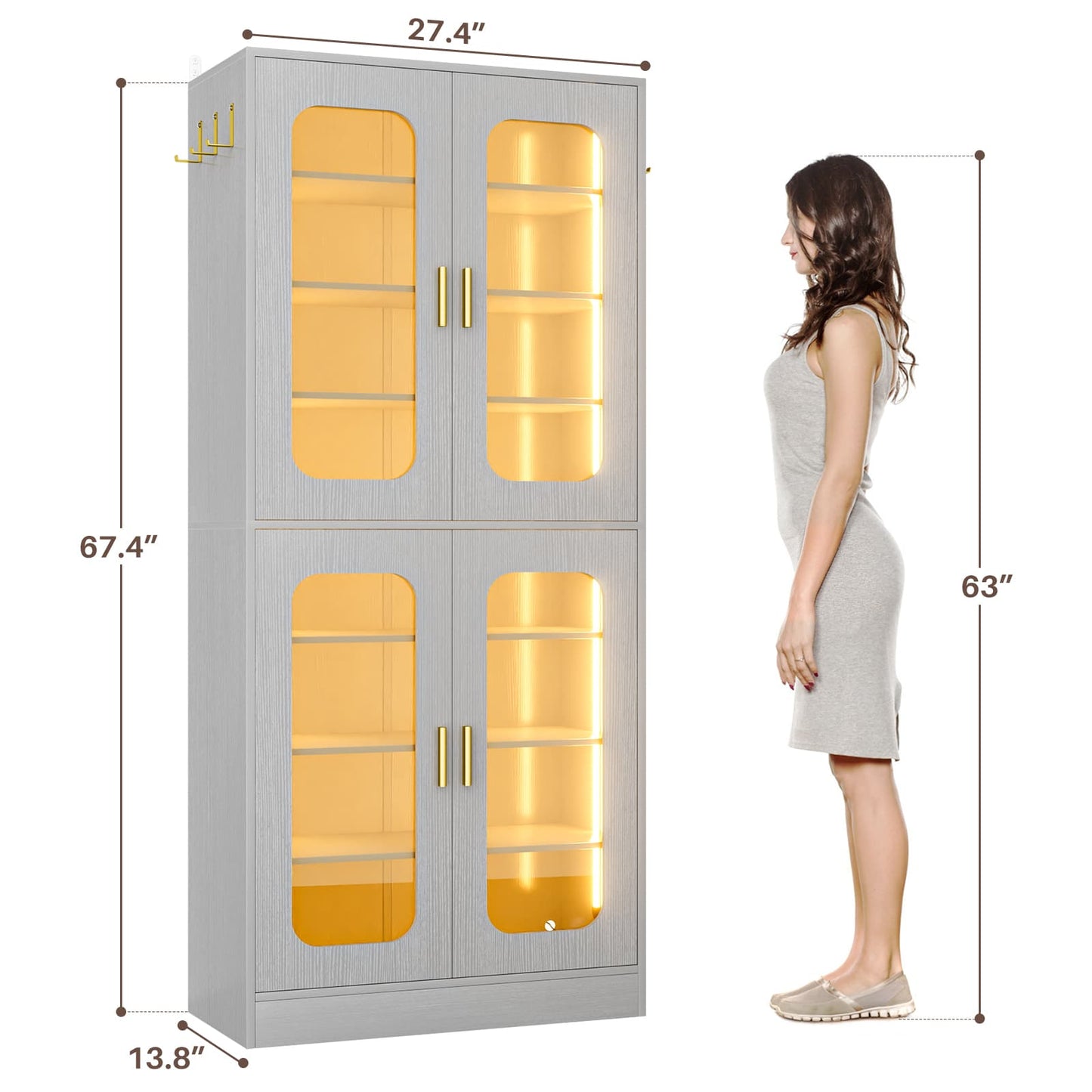 8-Tier LED Shoe Cabinet with Adjustable Shelves - 67 inch Tall Shoe Racks with Hooks for Entryway, Living Room, 24-32 Pairs