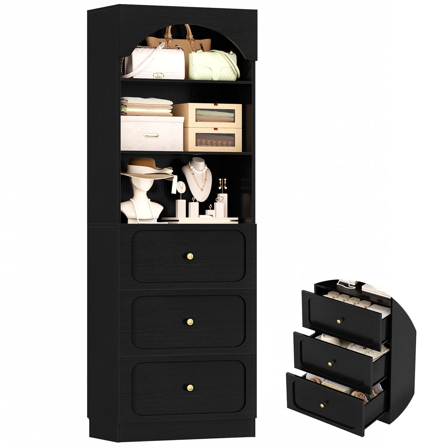 80" Tall Arched Bookcase with 3 Drawers & 3 Open Shelves - Wooden Storage Cabinet for Living Room, Kitchen