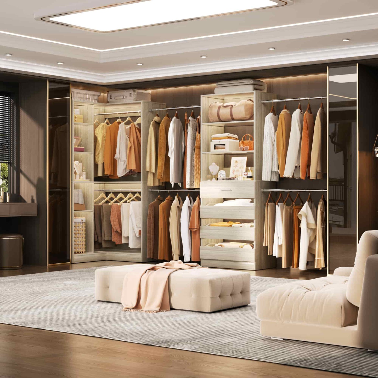 58"-152" Freestanding Closet System, Wardrobe Organizer with Drawers & Shelves, Corner Storage Unit for Bedroom/Living Room
