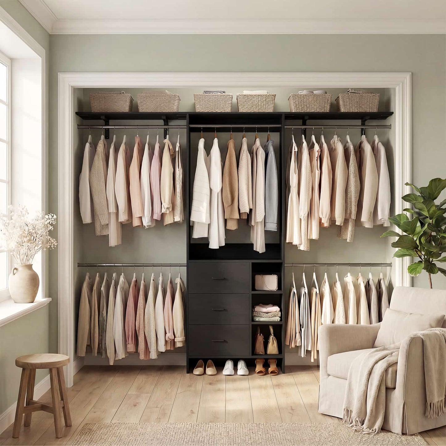 8FT Walk-in Armoire Closet Organizer with 3 Wooden Drawers & Hanging Rods, Adjustable Garment Rack for 5.3-9 ft Spaces,Wardrobe Storage Shelf