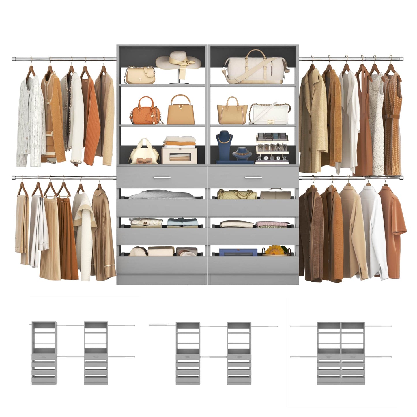 Adjustable Closet Organizer System (6-15Ft) with 8 Wooden Drawers & Modular Tower