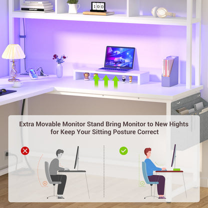 L Shaped Desk with Power Outlet, LED Strip, Storage Shelf