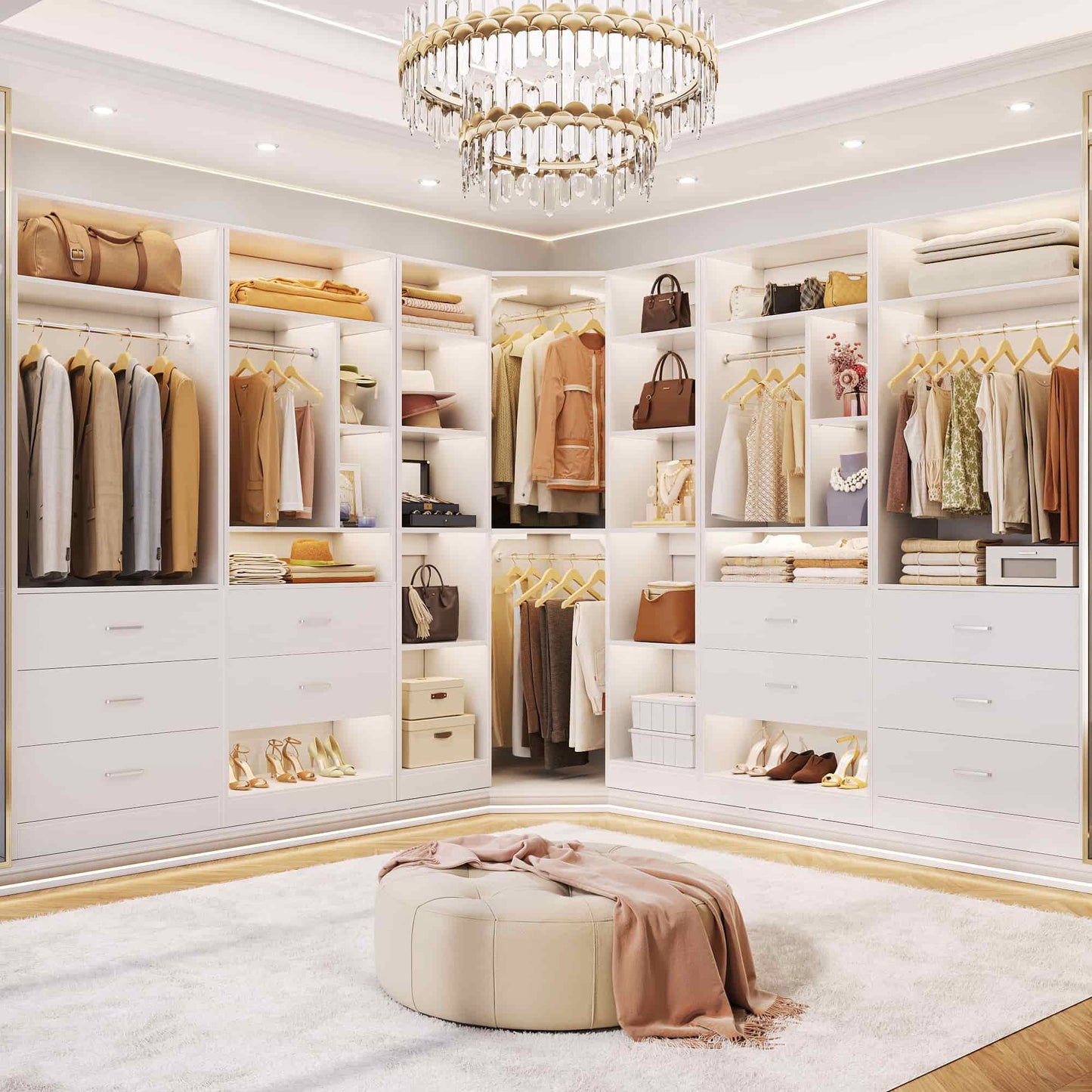 Complete Corner & Straight Closet Organizer Suite:1 Corner Shelf Unit + 4 Tower Systems ( 4-Drawer+ 6-Drawer Options)