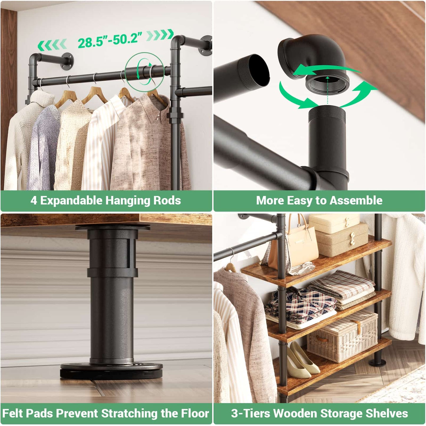 84"-128" Adjustable Metal Pipe Clothing Rack Wall-Mounted,Industrial Garment Rack with 3-Tier Wooden Shelves,Heavy-Duty 1000LBS Capacity