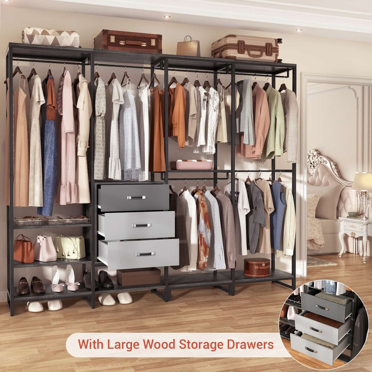 Closet System Organizer Walk-in Closet for Bedroom with 3 Wood Drawers