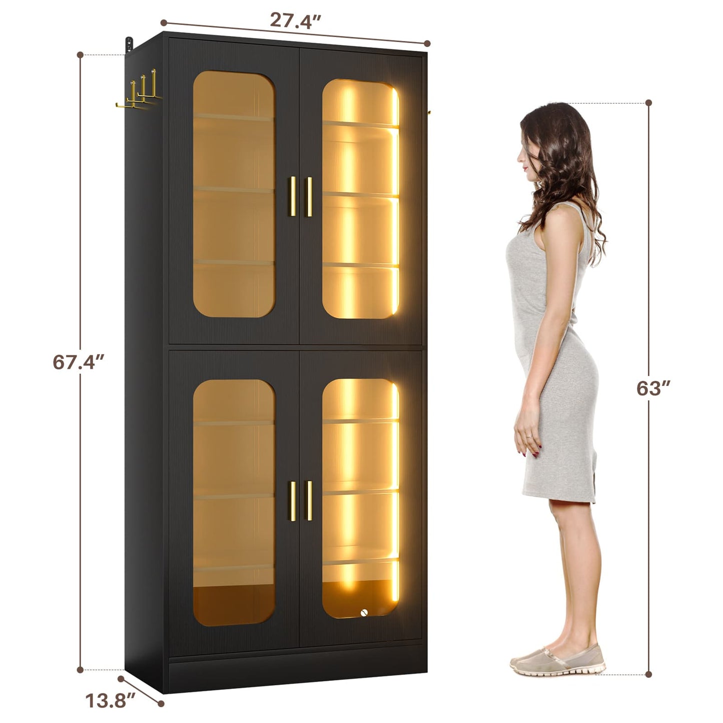 8-Tier LED Shoe Cabinet with Adjustable Shelves - 67 inch Tall Shoe Racks with Hooks for Entryway, Living Room, 24-32 Pairs