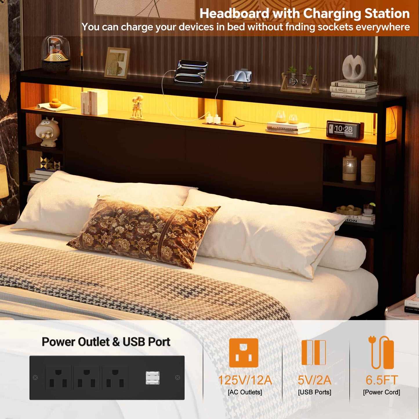 King Headboard with Storage, Headboards with Power Outlets and Smart LED Light, Sturdy Head Board for King Size Bed