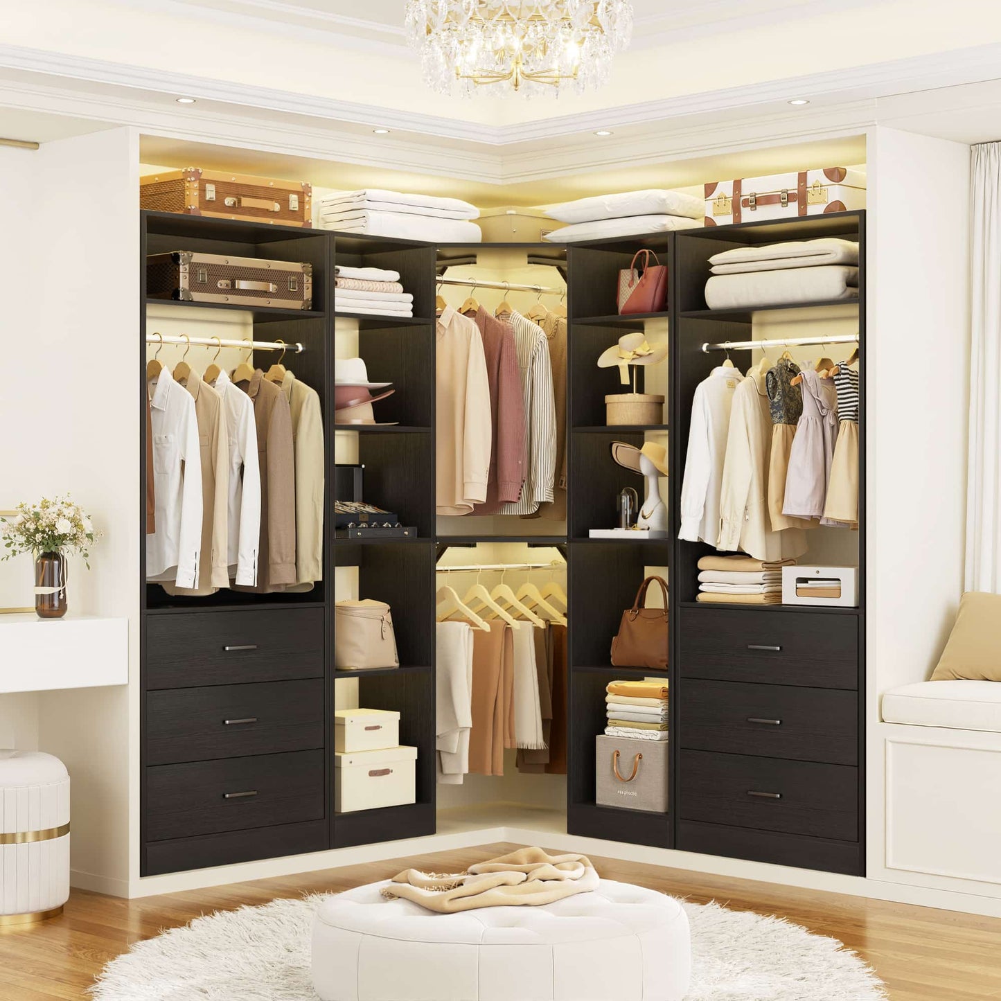 87.2" Freestanding Closet Organizer System - Modular L-Shaped Design,Reversible, 6 Drawers & 4 Hanging Rods, 2000+ LBS Capacity,3 Sets