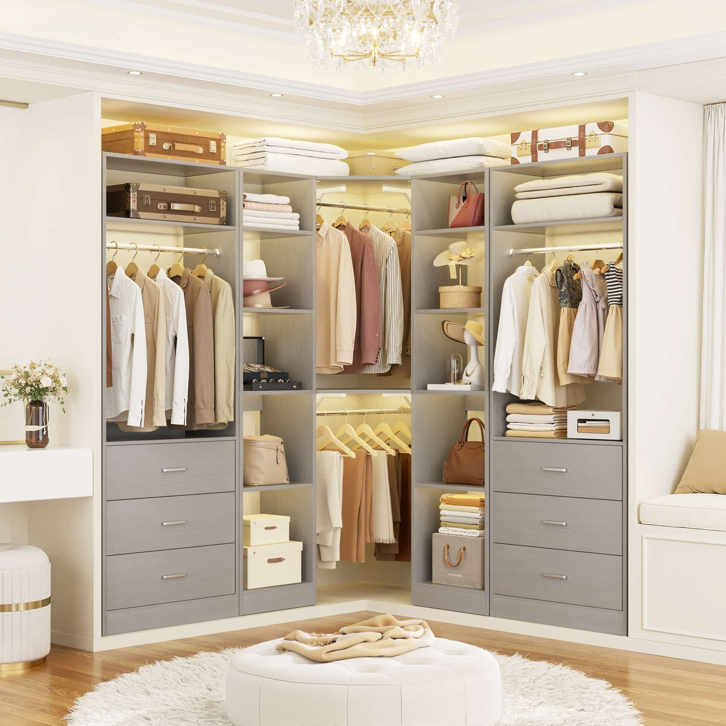 87.2" Freestanding Closet Organizer System - Modular L-Shaped Design,Reversible, 6 Drawers & 4 Hanging Rods, 2000+ LBS Capacity,3 Sets