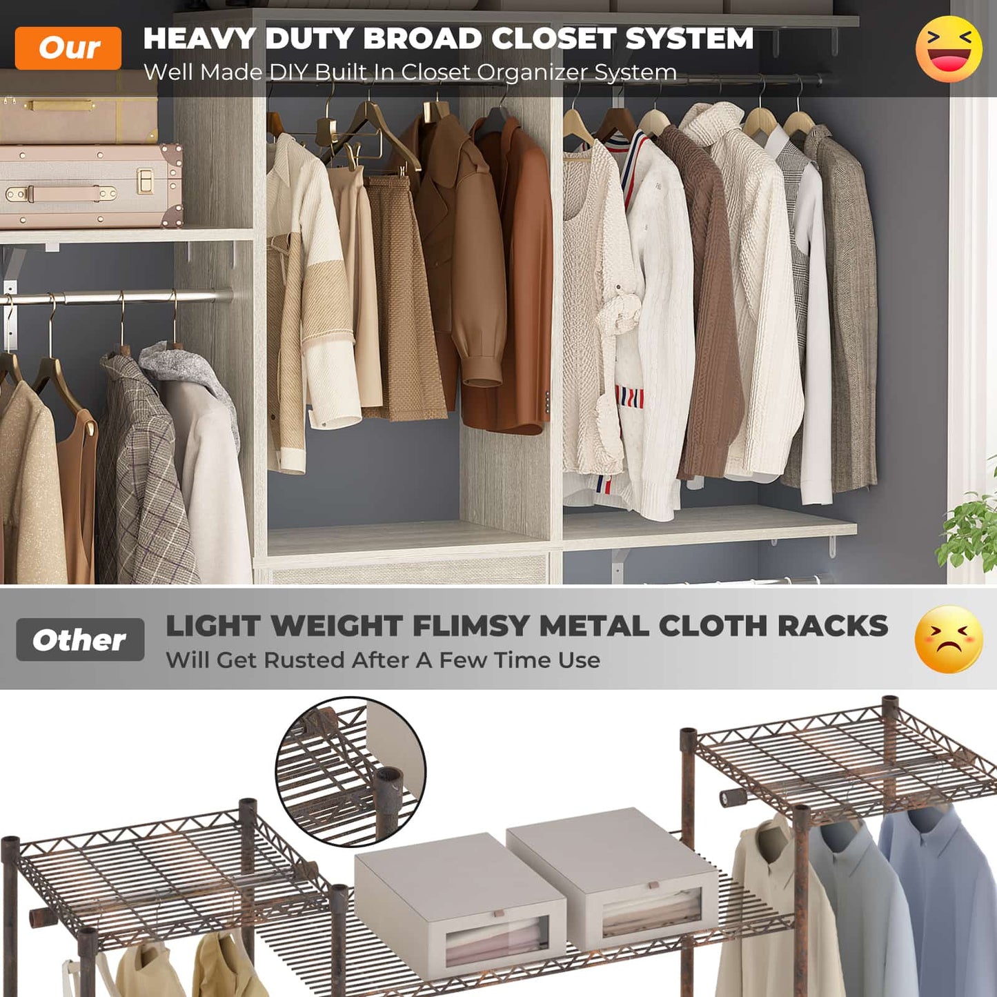 59'' W Small Closet System with 3 Fabric Drawers