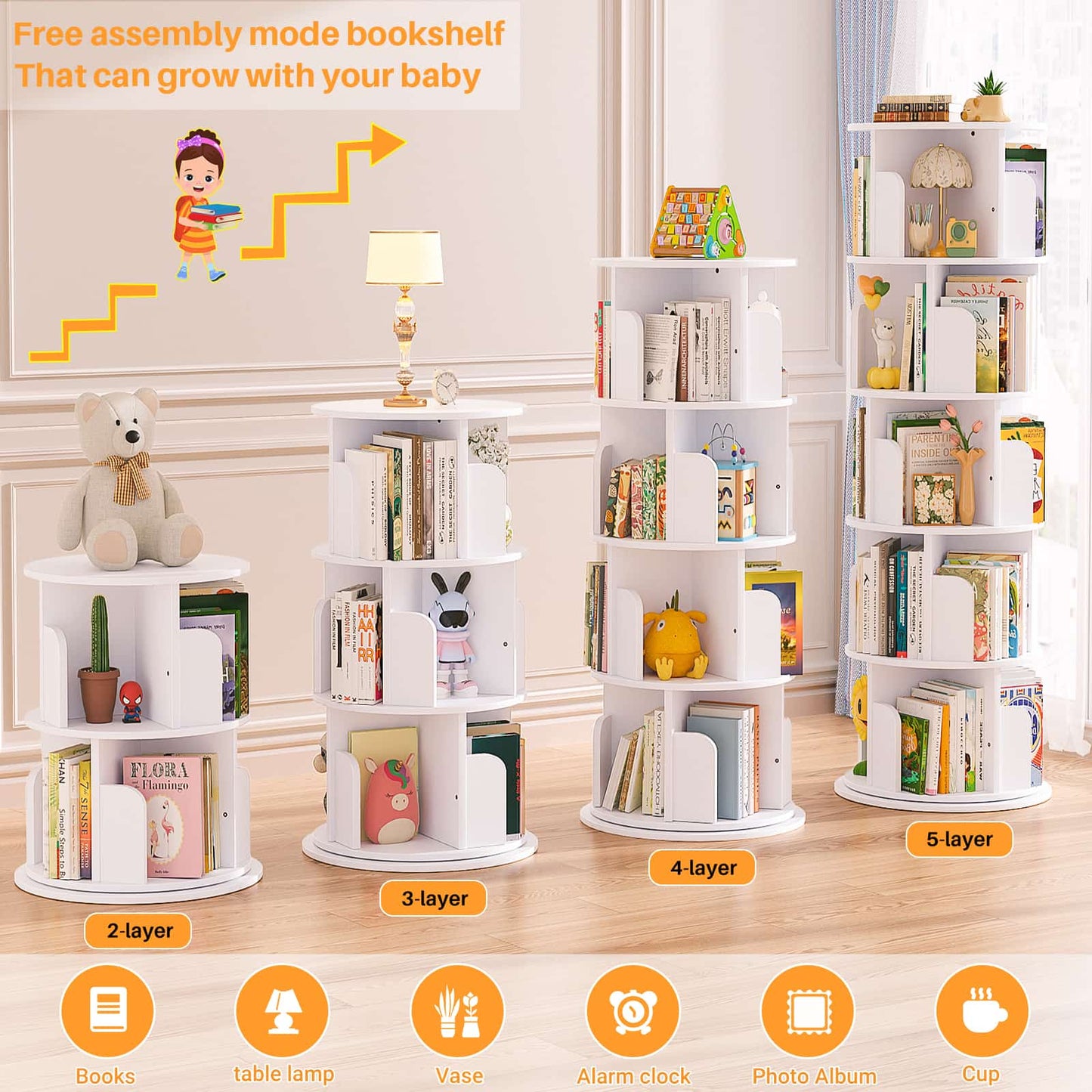 Rotating Bookshelf, 360 Display Wood Spinning Bookshelf Tower