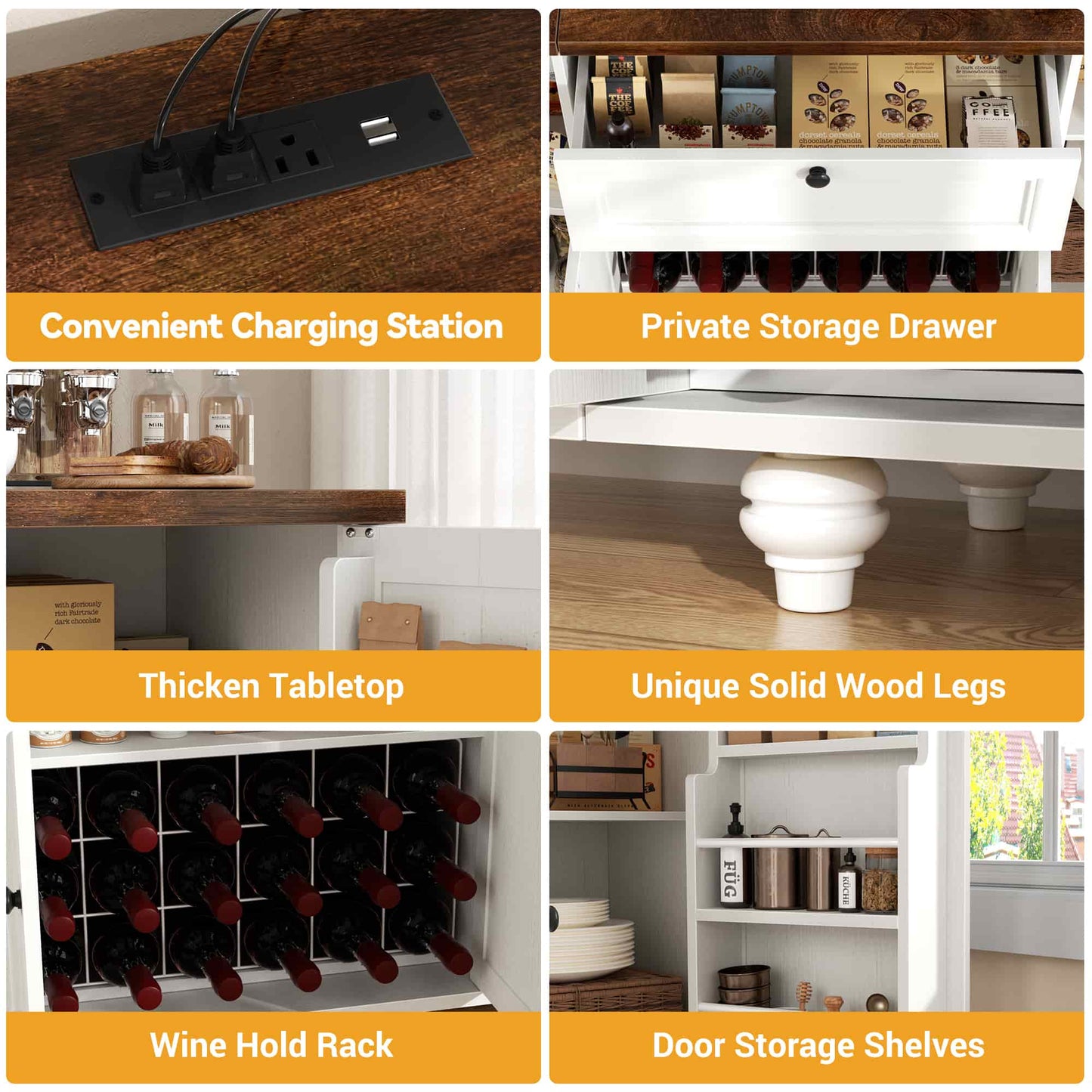 Kitchen Sideboard Cabinet Buffet Table with Power Outlets, 55"Coffee Bar Cabinet with Drawer, Wine Rack/Shelves