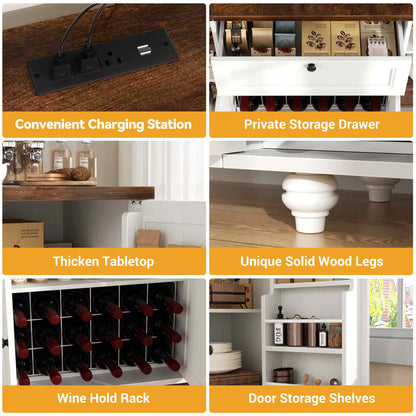 Kitchen Sideboard Cabinet Buffet Table with Power Outlets, 55"Coffee Bar Cabinet with Drawer, Wine Rack/Shelves