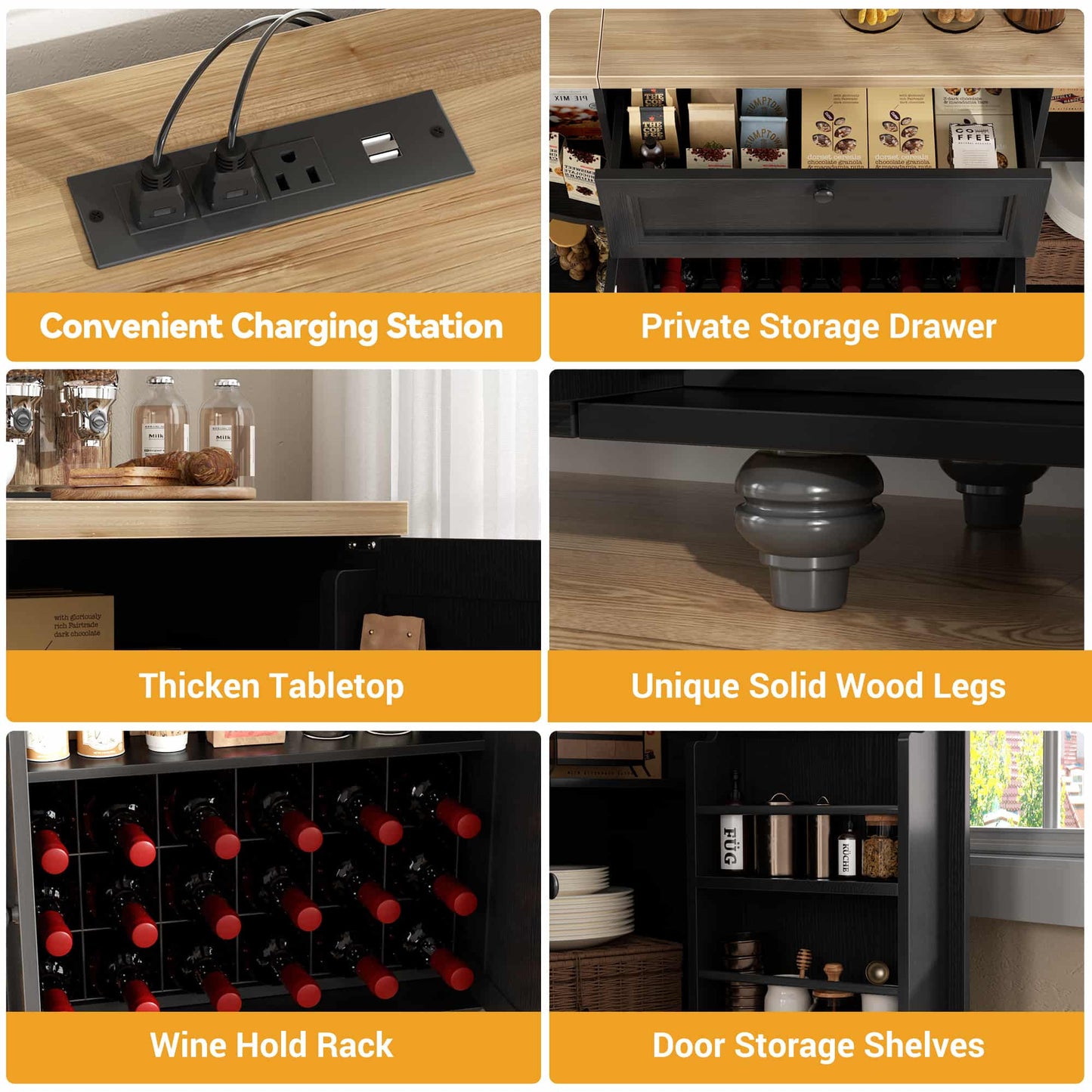 Kitchen Sideboard Cabinet Buffet Table with Power Outlets, 55"Coffee Bar Cabinet with Drawer, Wine Rack/Shelves