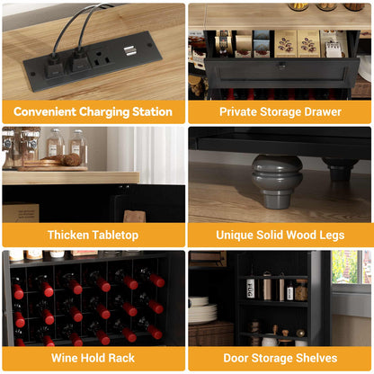 Kitchen Sideboard Cabinet Buffet Table with Power Outlets, 55"Coffee Bar Cabinet with Drawer, Wine Rack/Shelves
