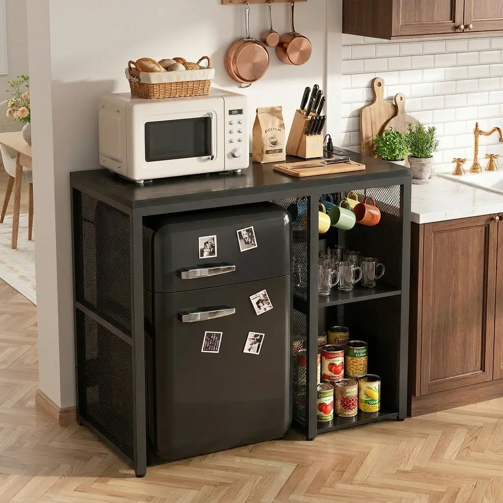 Mini Fridge Cabinet with Power Outlet, Coffee Bar Cabinet with Mini Fridge Space