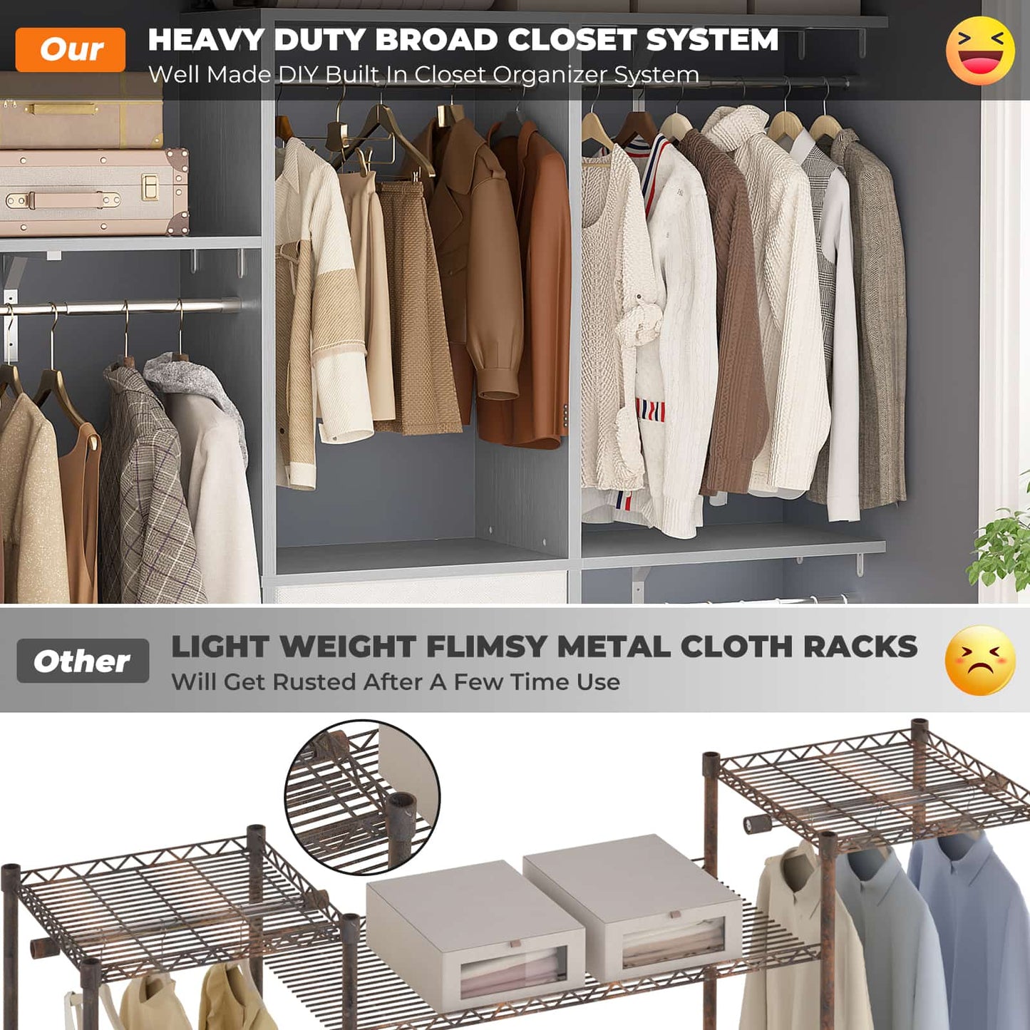 59'' W Small Closet System with 3 Fabric Drawers