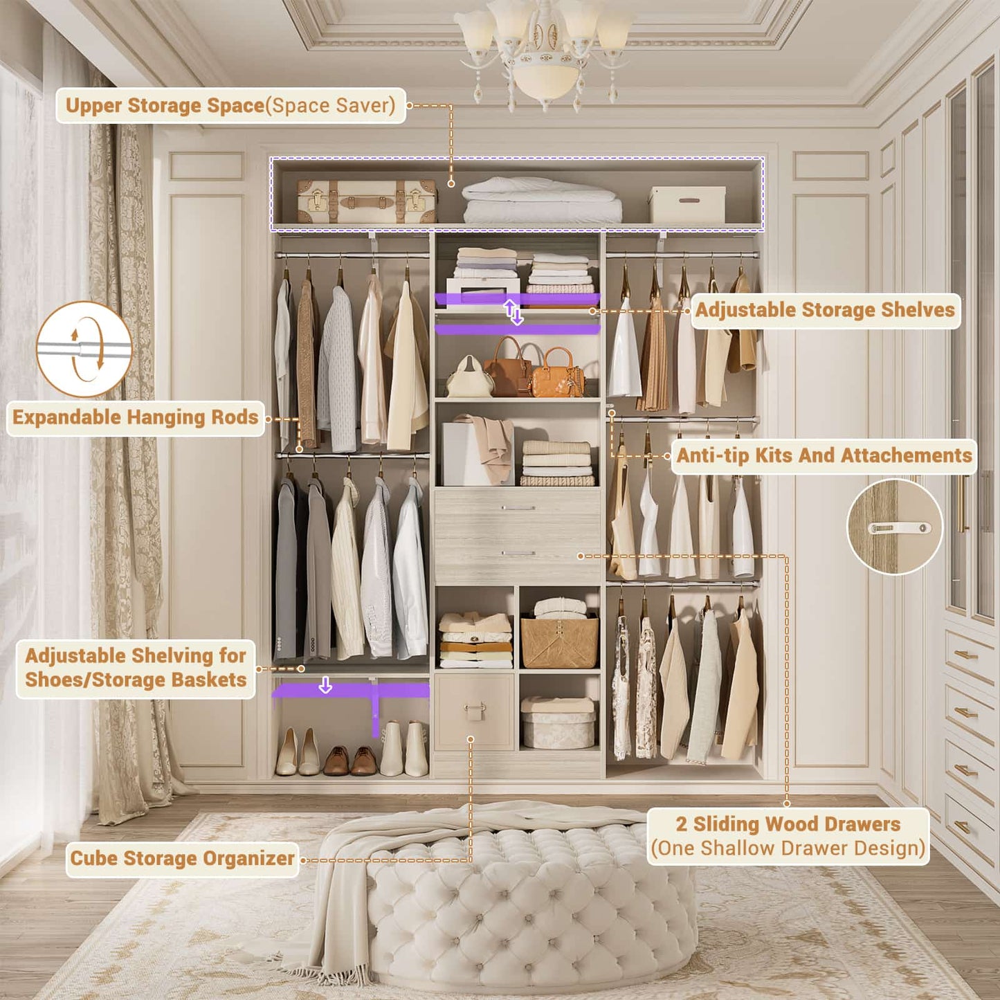 5FT Small Closet System, Baby Closet Organizer System with Wooden Drawers