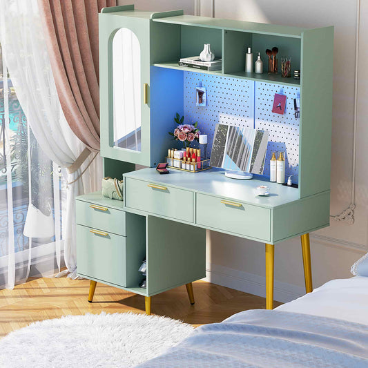 48" Makeup Vanity with Hutch, LED Lighted Mirror & Charging Station, 5 Large Drawers, Shelves, Pegboard & Cabinet