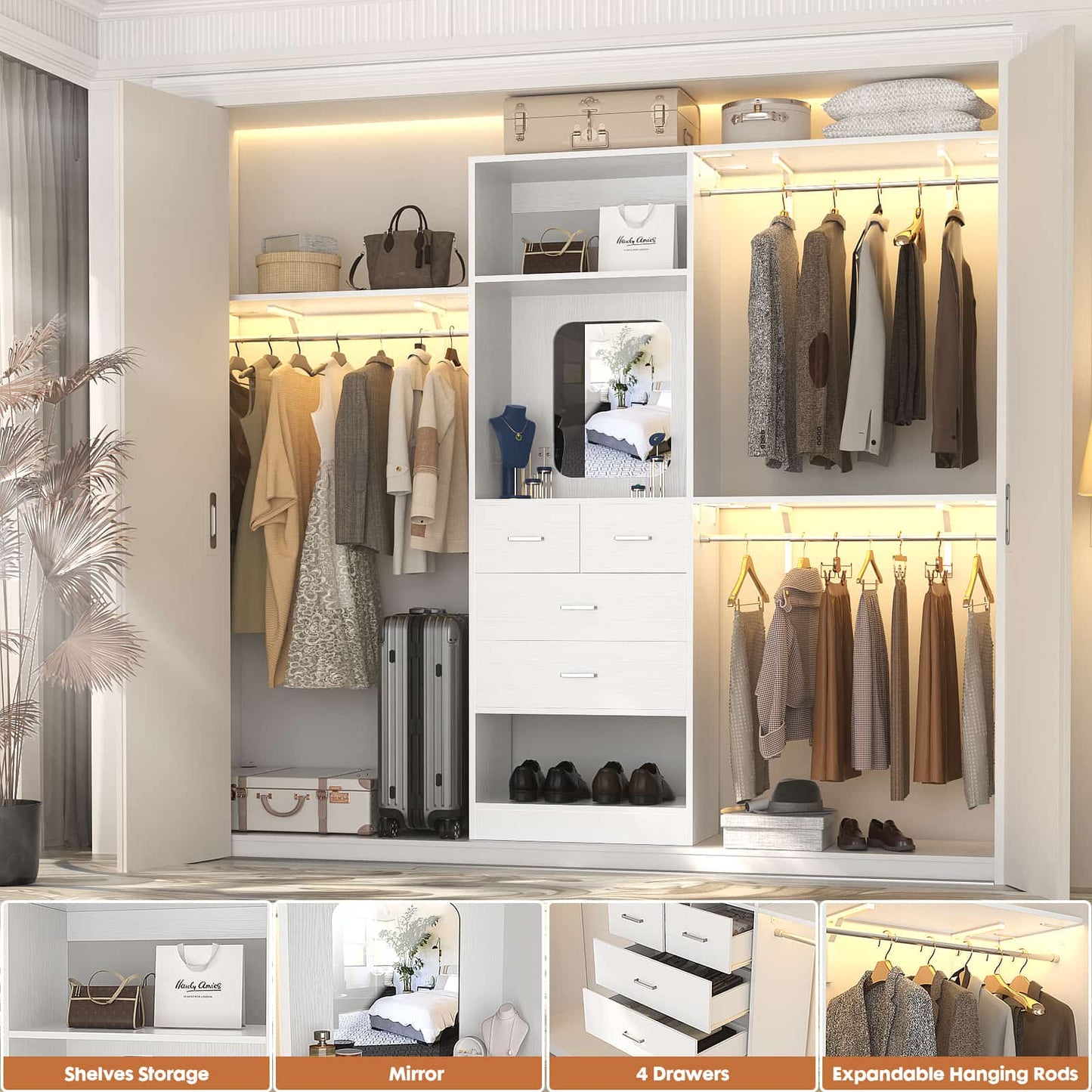 8FT Walk in Closet Organizer with 3 Hanging rods and Shelves