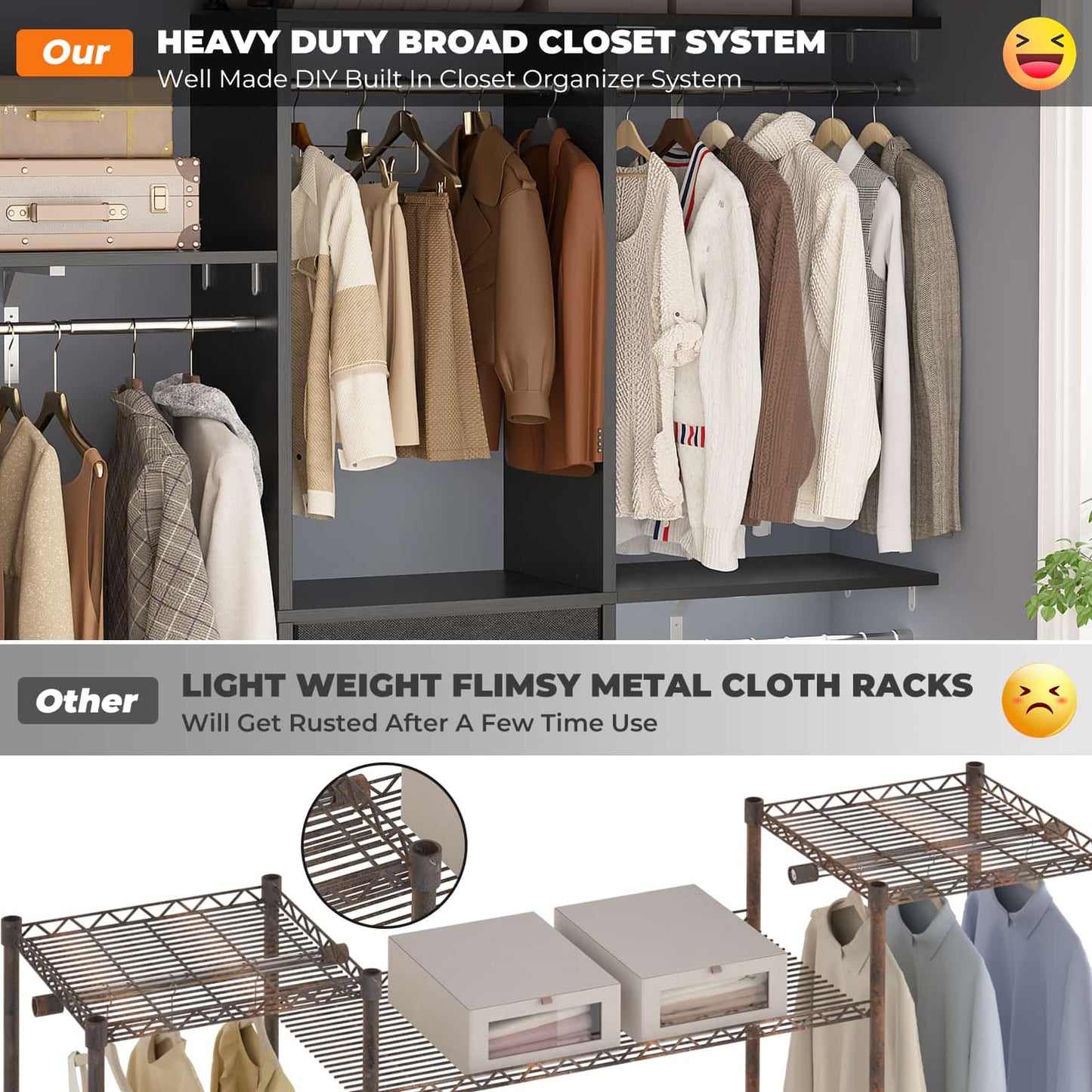 59'' W Small Closet System with 3 Fabric Drawers