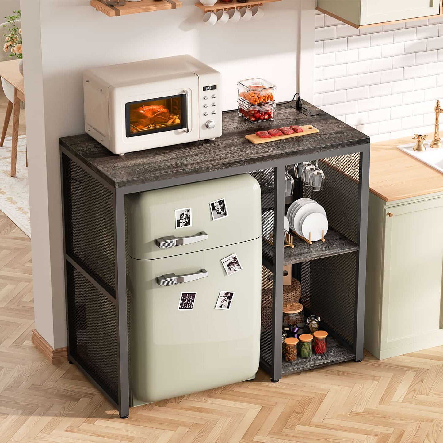 Mini Fridge Cabinet with Power Outlet, Coffee Bar Cabinet with Mini Fridge Space