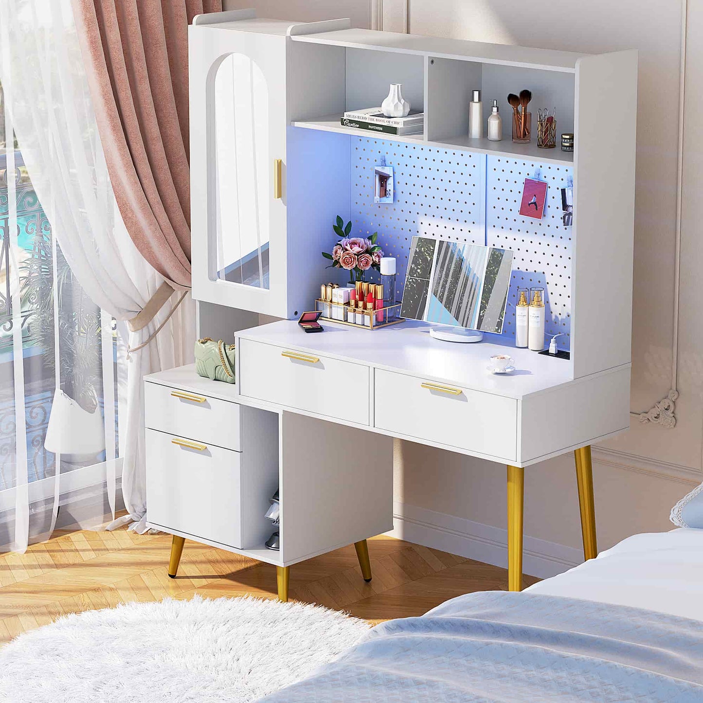 48" Makeup Vanity with Hutch, LED Lighted Mirror & Charging Station, 5 Large Drawers, Shelves, Pegboard & Cabinet