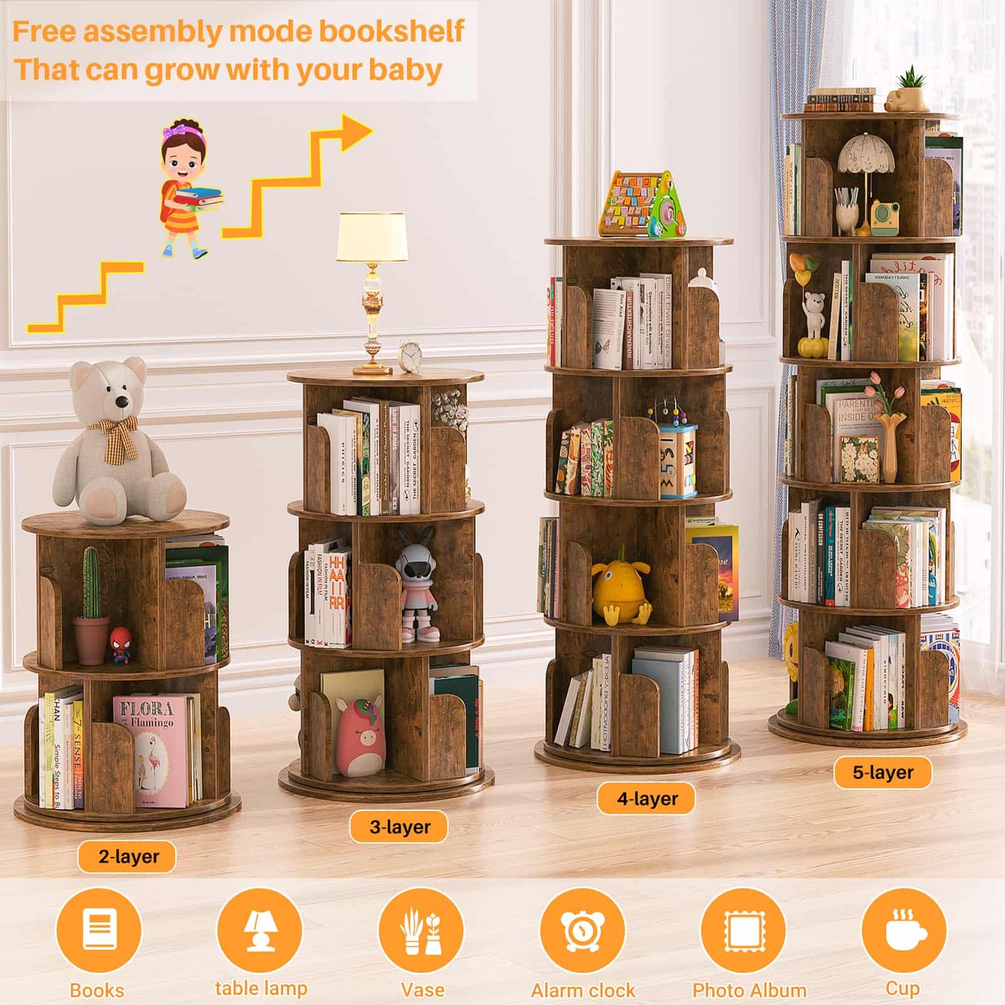 Rotating Bookshelf, 360 Display Wood Spinning Bookshelf Tower