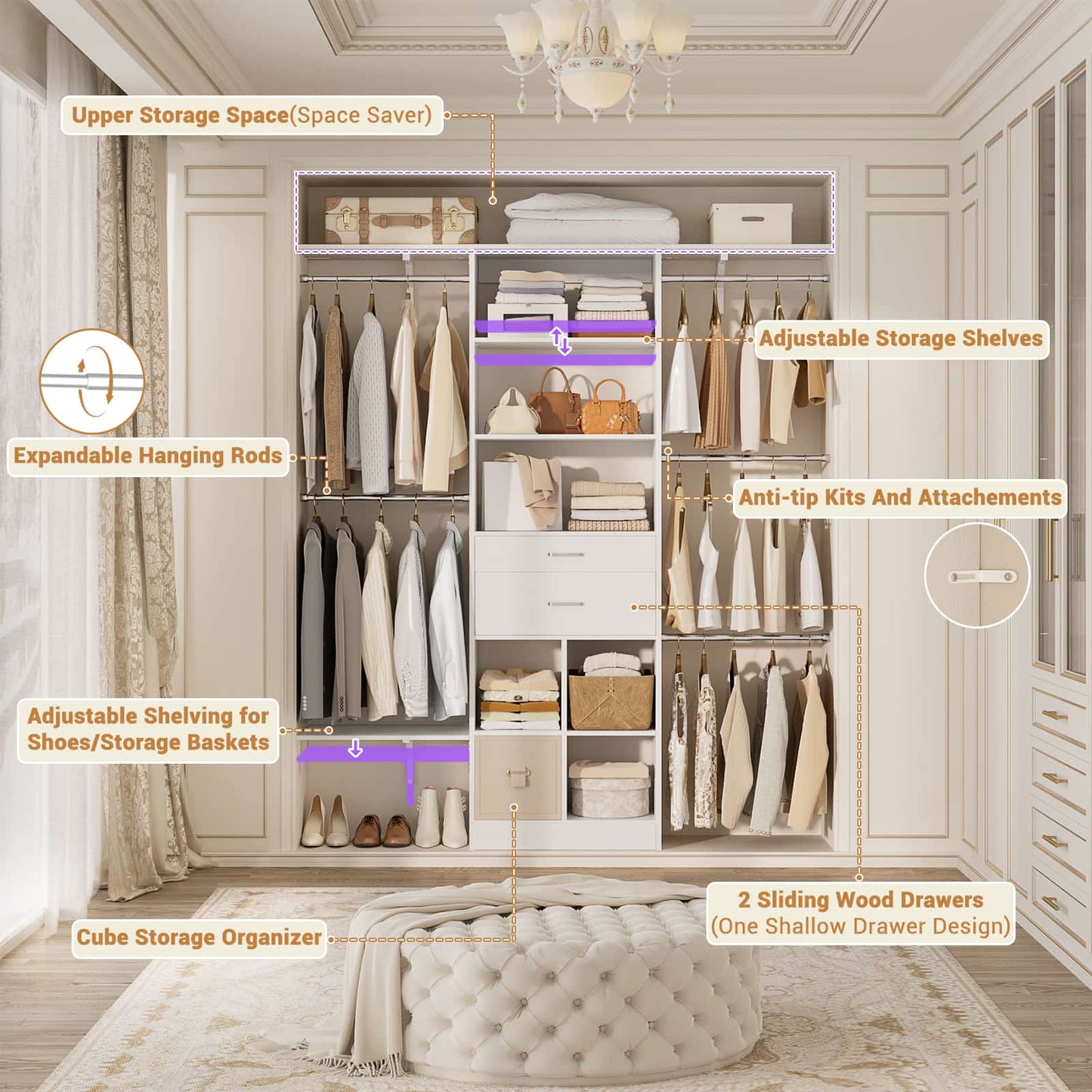 5FT Small Closet System, Baby Closet Organizer System with Wooden Drawers