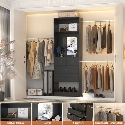 8FT Walk in Closet Systems Starter Kit with 25” Tower and 3 Extendable Hanging Rods