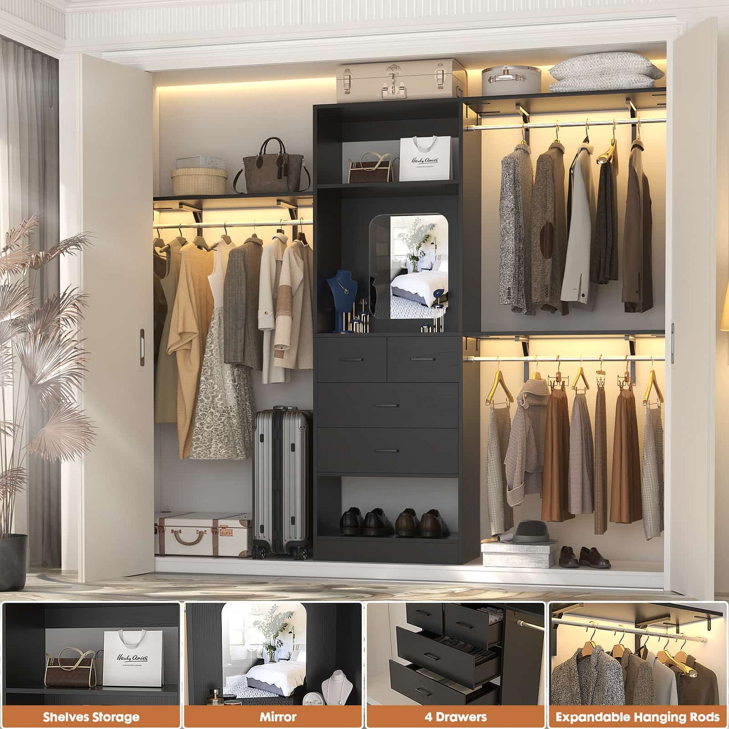 8FT Walk in Closet Organizer with 3 Hanging rods and Shelves