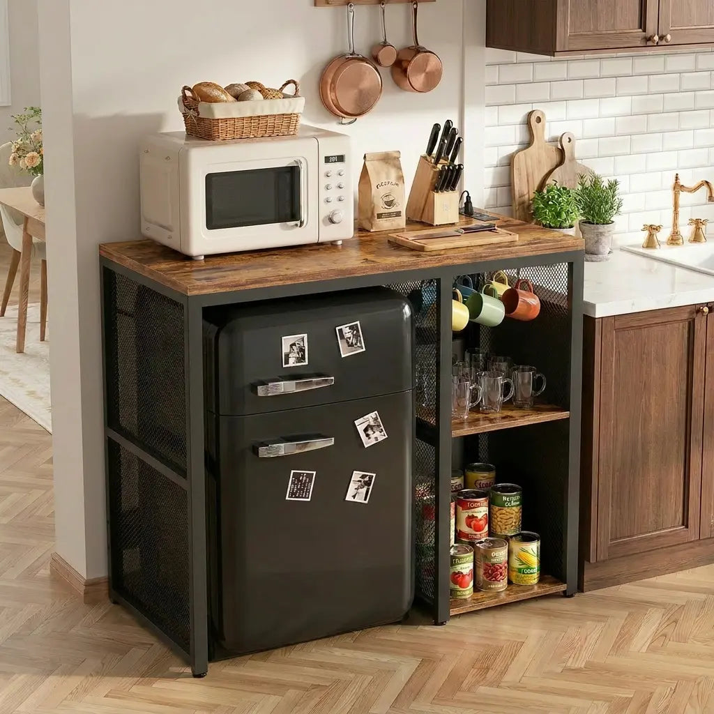 Mini Fridge Cabinet with Power Outlet, Coffee Bar Cabinet with Mini Fridge Space