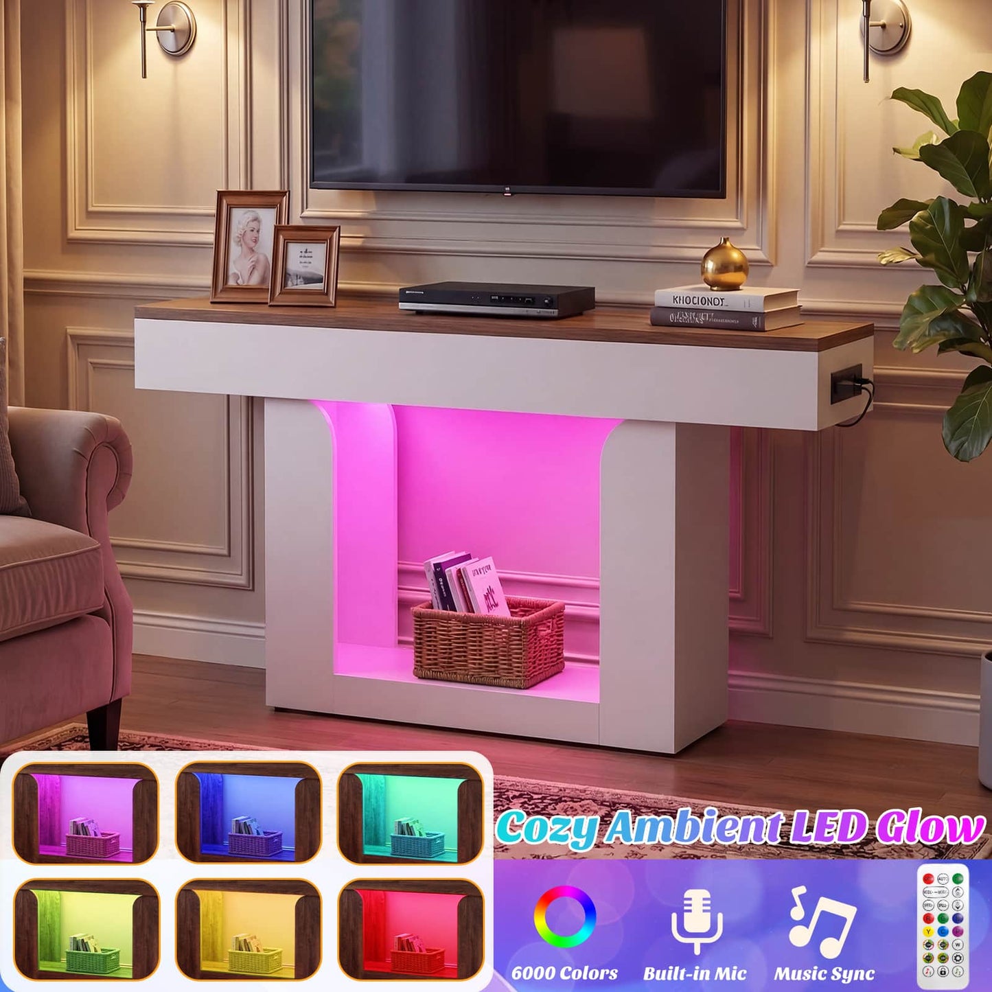 47" Farmhouse Console Table -LED Lights & Charging Station, Narrow Sofa Table for Entryway, Living Room, Foyer, Hallway