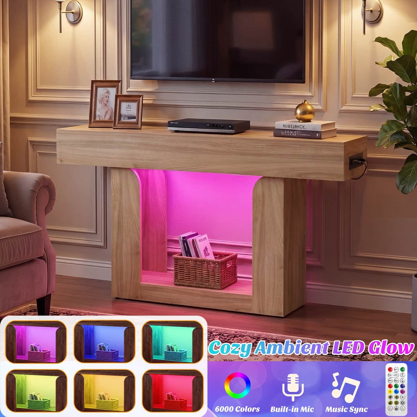 47" Farmhouse Console Table -LED Lights & Charging Station, Narrow Sofa Table for Entryway, Living Room, Foyer, Hallway