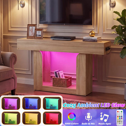 47" Farmhouse Console Table -LED Lights & Charging Station, Narrow Sofa Table for Entryway, Living Room, Foyer, Hallway