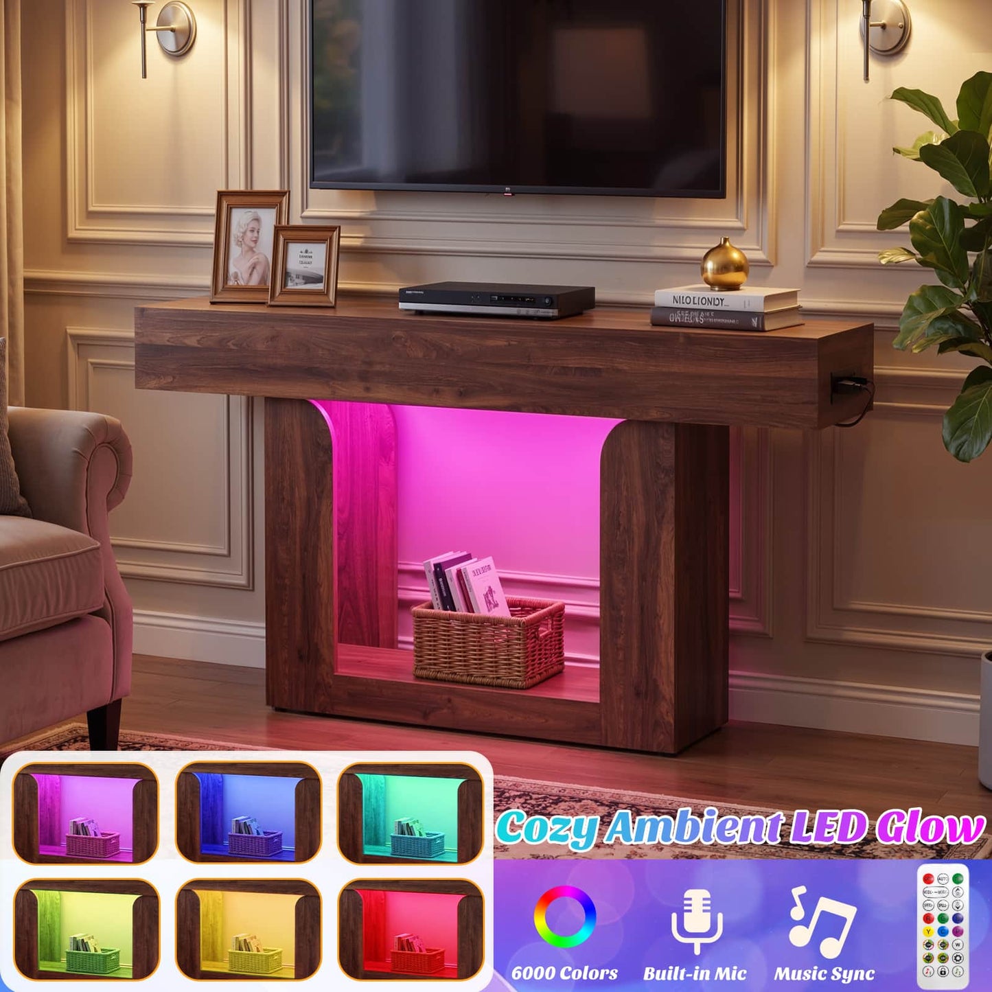 47" Farmhouse Console Table -LED Lights & Charging Station, Narrow Sofa Table for Entryway, Living Room, Foyer, Hallway