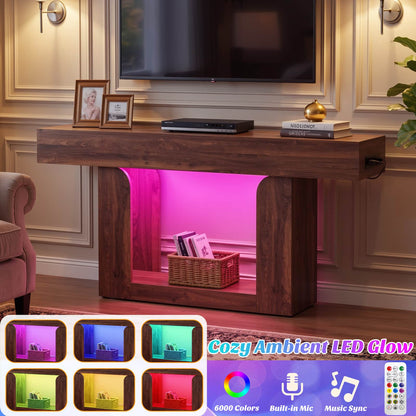 63" Farmhouse Console Table -LED Lights & Charging Station, Narrow Sofa Table for Entryway, Living Room, Foyer, Hallway, Behind Couch