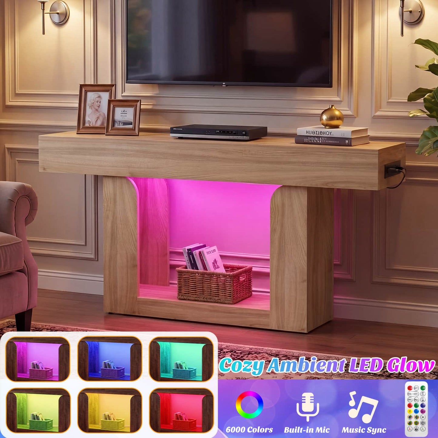 63" Farmhouse Console Table -LED Lights & Charging Station, Narrow Sofa Table for Entryway, Living Room, Foyer, Hallway, Behind Couch